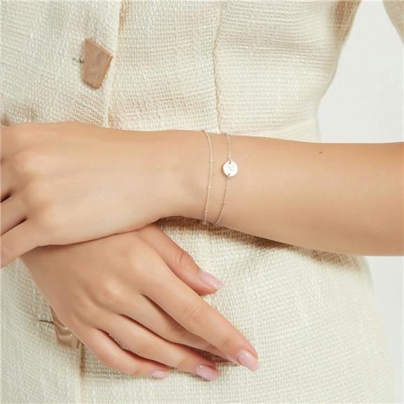 Gold Initial Bracelets for Women Girls, Dainty 14K Gold Filled Layered Beaded - Picture 4 of 6